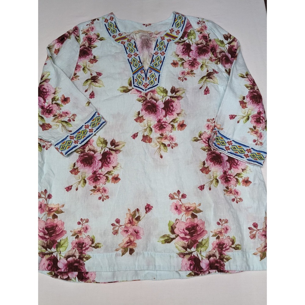 Soft Surroundings Linen‎ Floral Tunic Top XL Blue Pink Beaded Embroidered